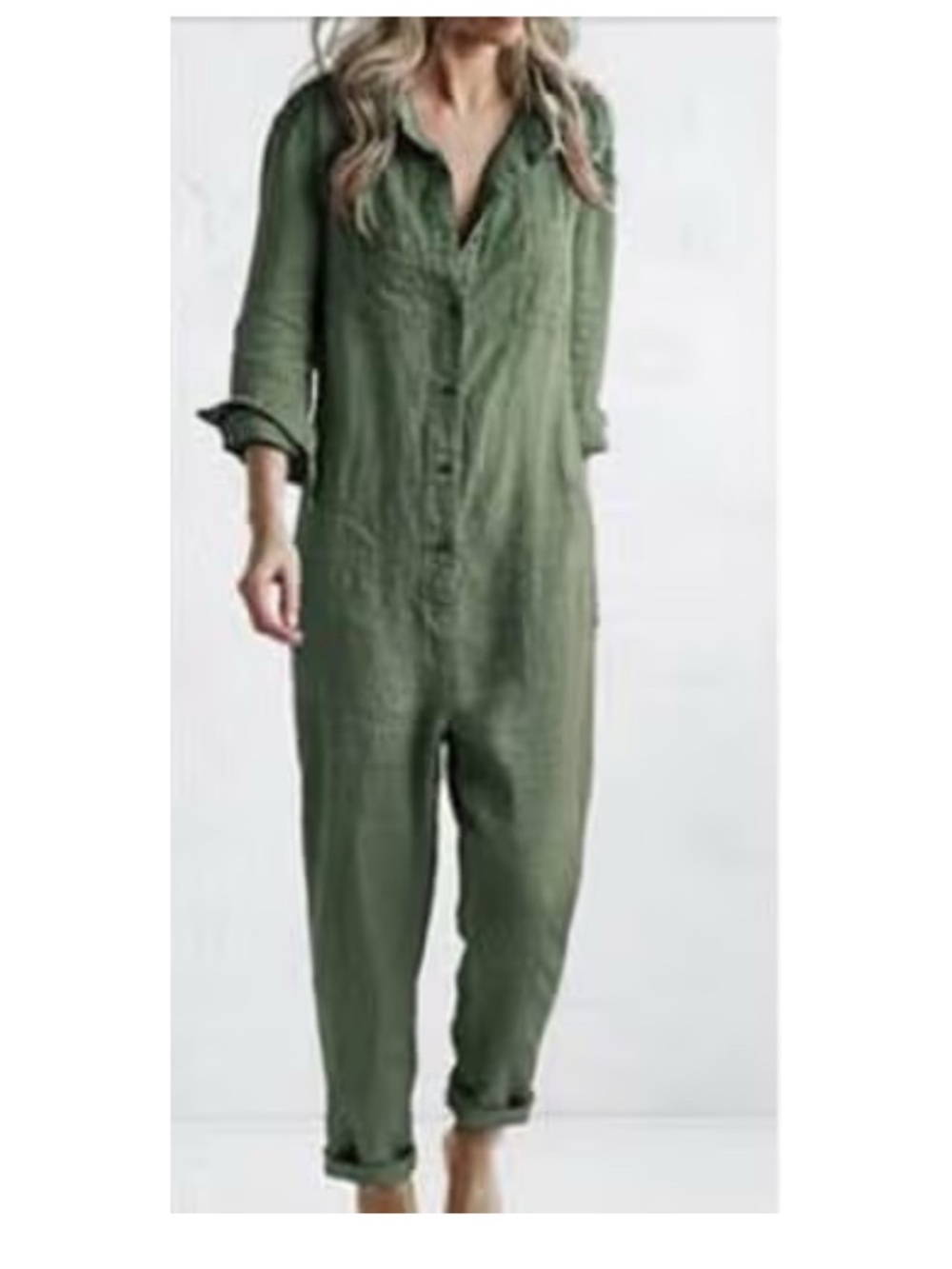 Olive Green Linen Button-Front Jumpsuit